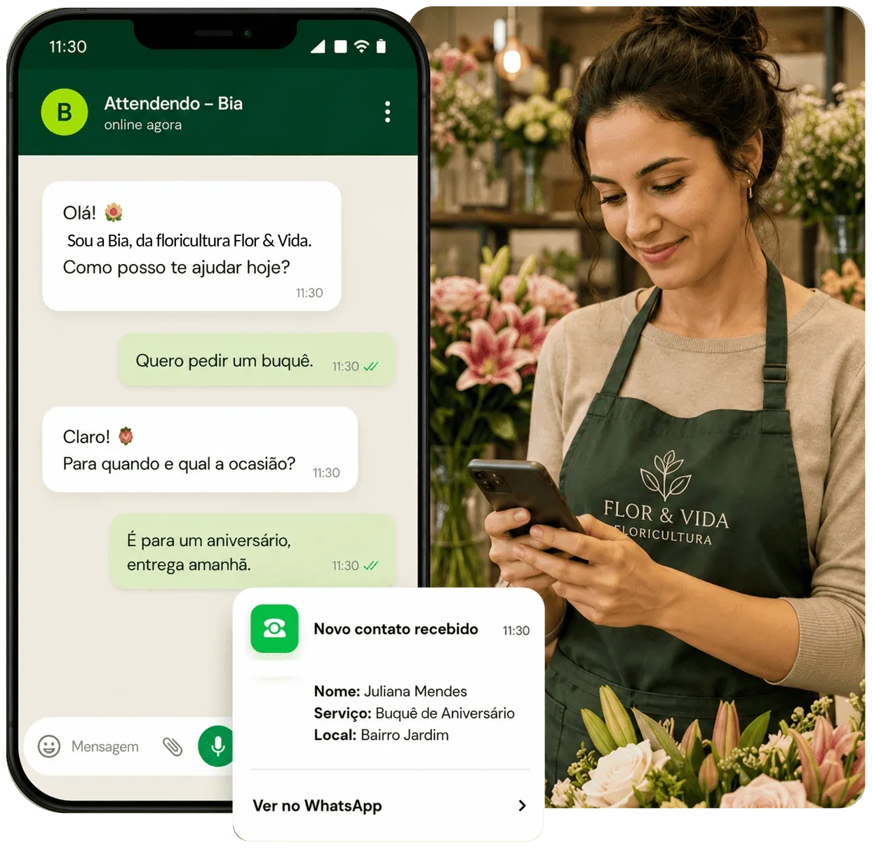 Exemplo do Attendendo para uma floricultura, com conversa no WhatsApp e novo contato organizado